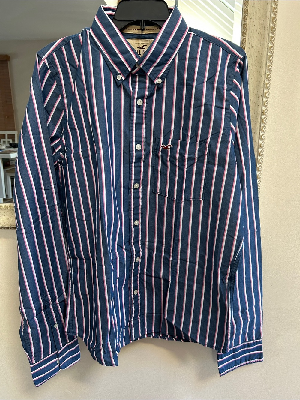 Hollister Navy Button-Down Shirt with White and Pink Stripes